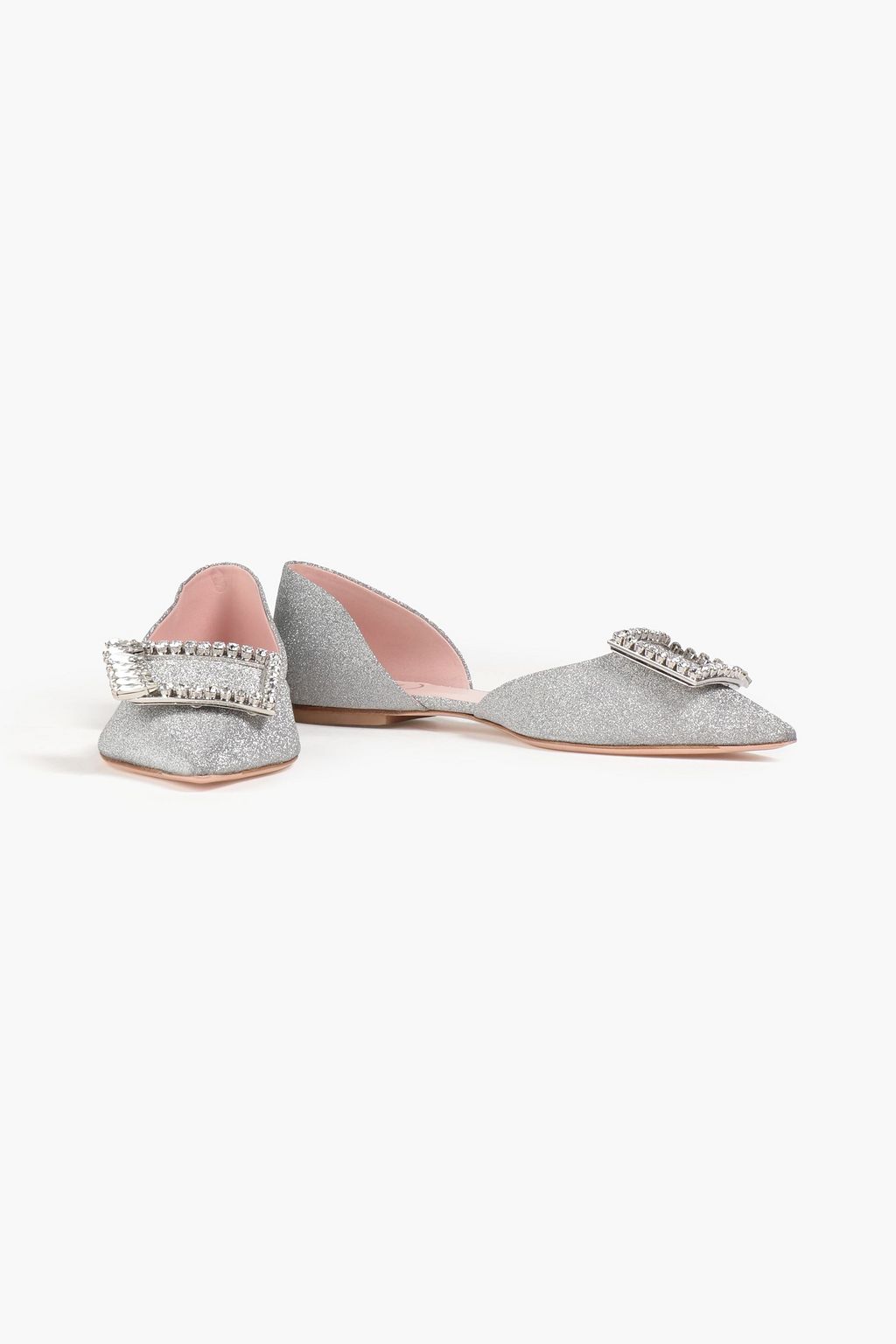 ROGER VIVIER Buckle-embellished glittered woven point-toe flats