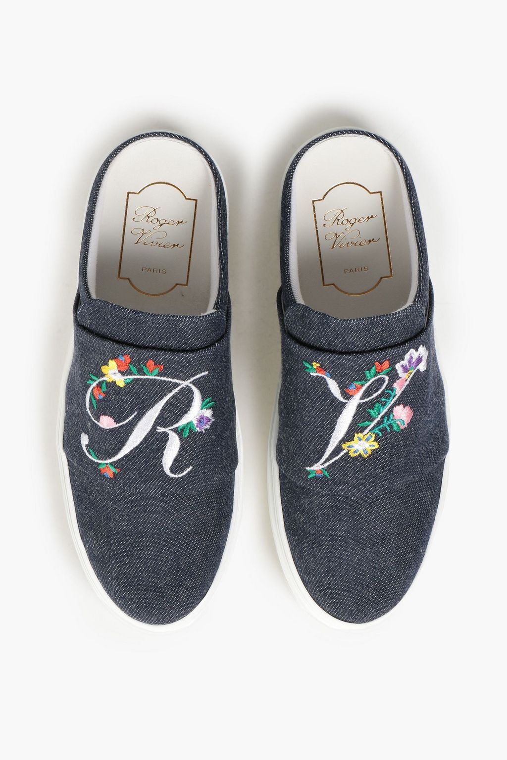 ROGER VIVIER Sneaky Viv Blooming embroidered denim slippers