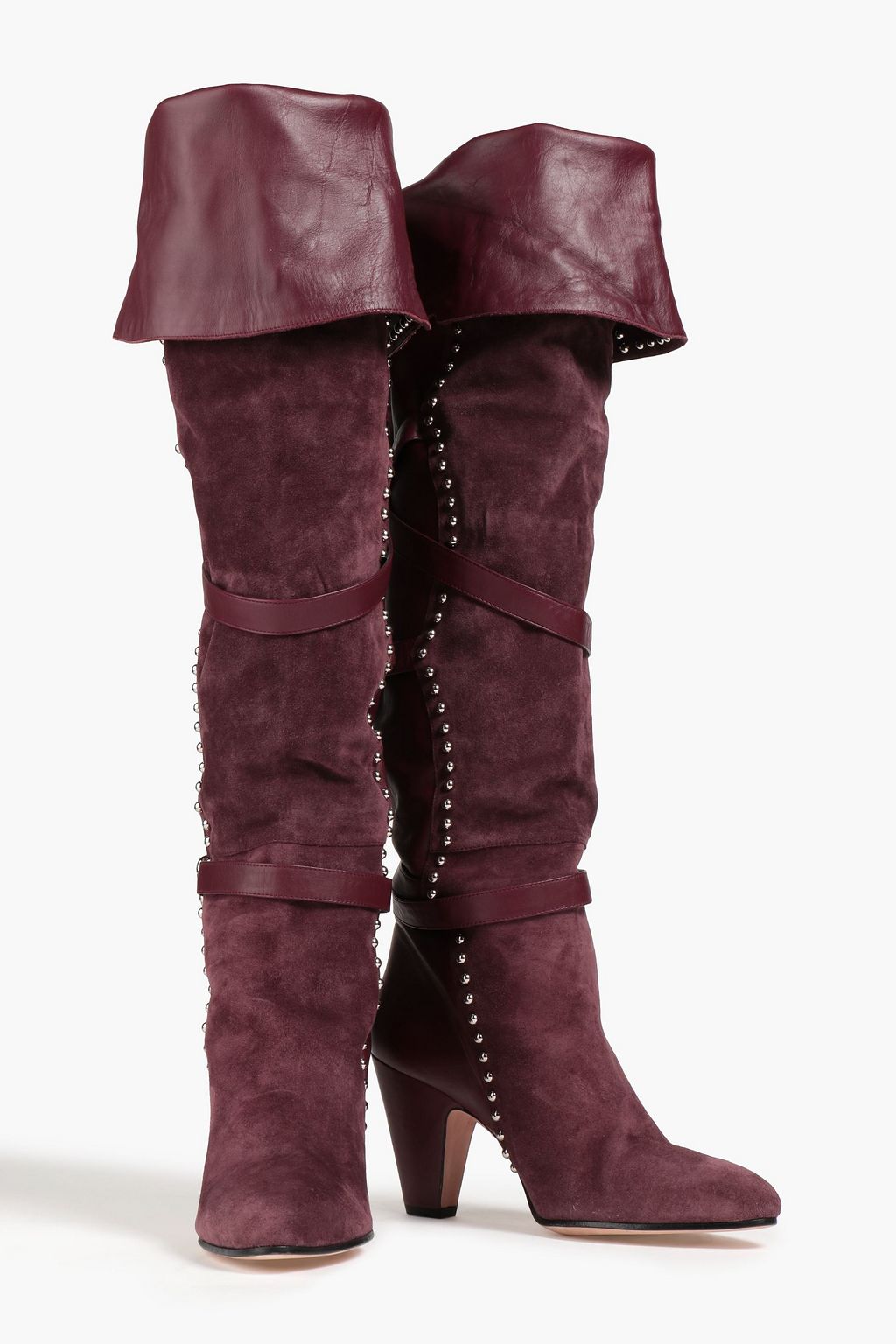 RED(V) Studded buckled leather and nubuck thigh boots