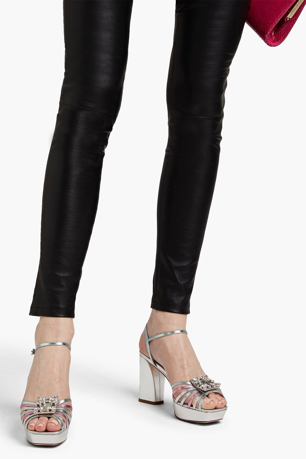 ROGER VIVIER Embellished metallic leather platform sandals