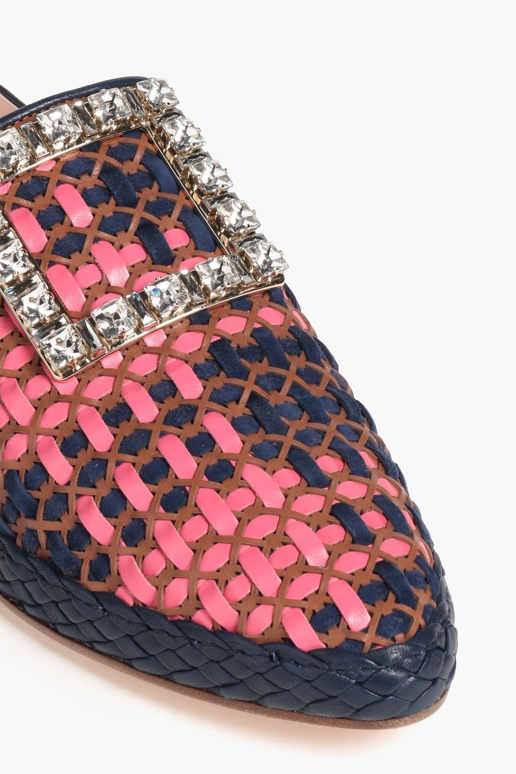 ROGER VIVIER RV Lounge crystal-embellished braided leather and suede slippers