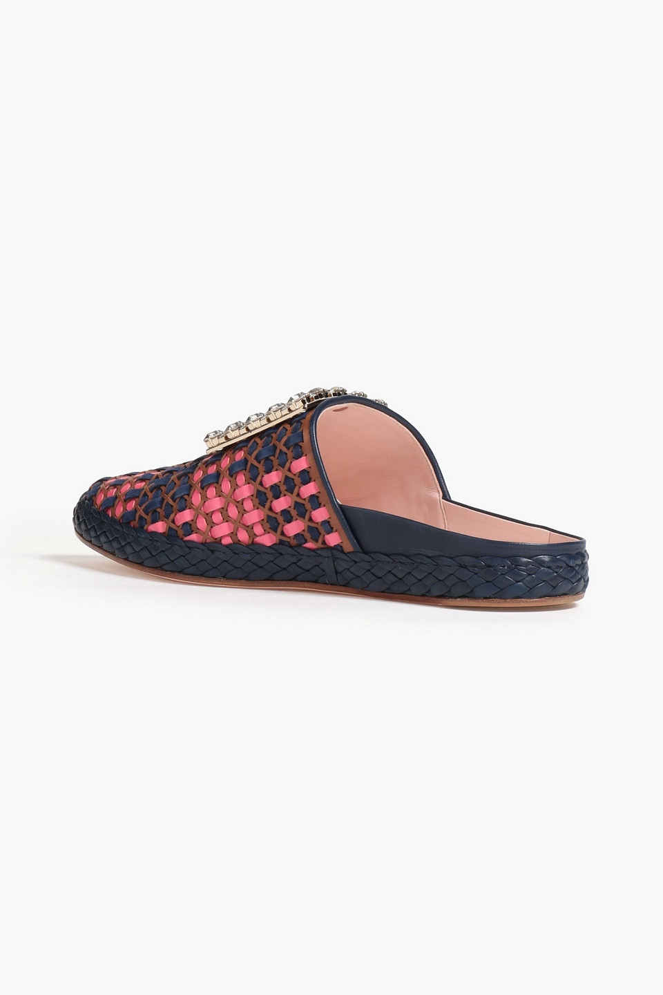 ROGER VIVIER RV LOUNGE CRYSTAL-EMBELLISHED BRAIDED LEATHER AND SUEDE SLIPPERS