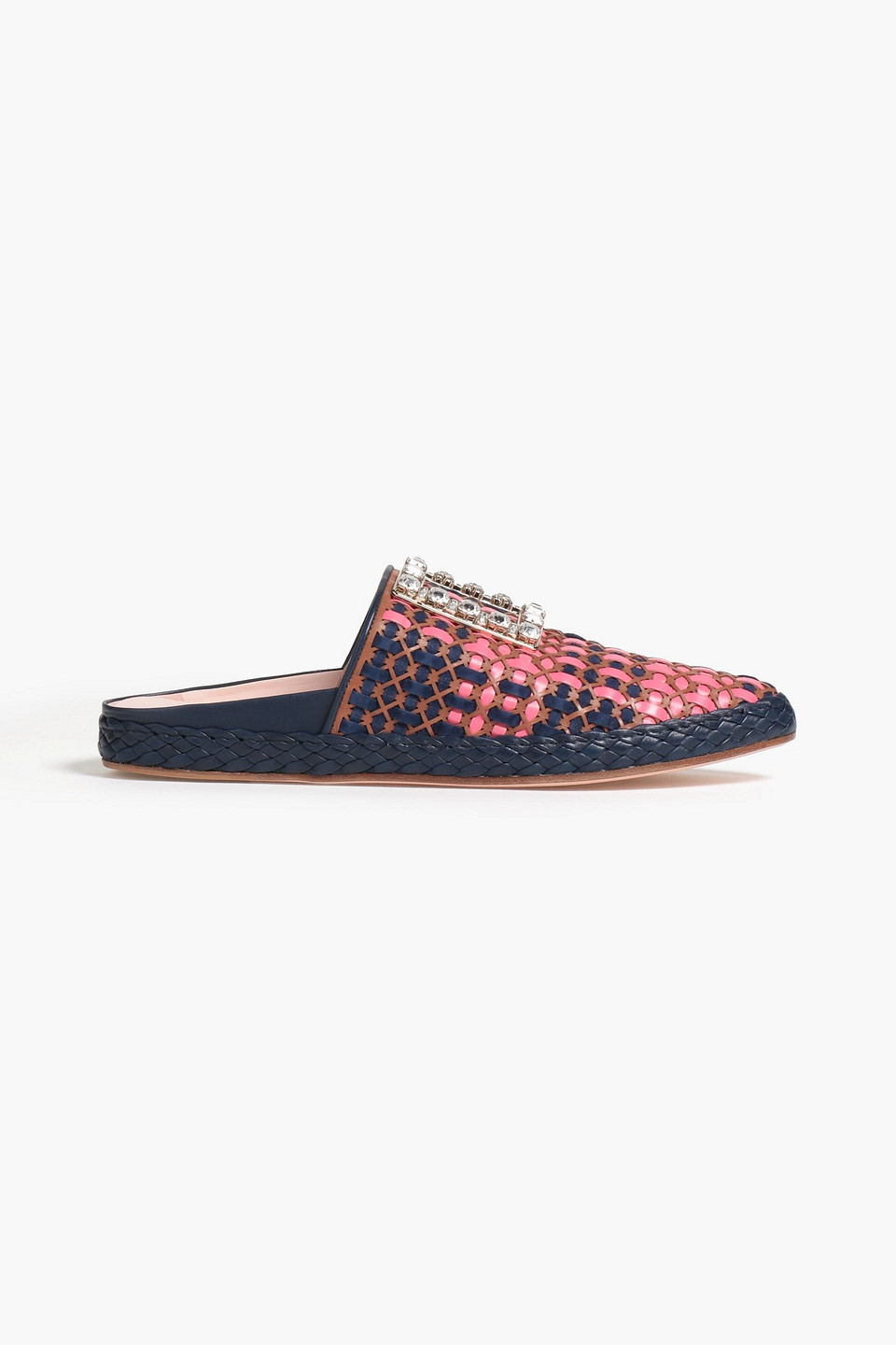 ROGER VIVIER RV LOUNGE CRYSTAL-EMBELLISHED BRAIDED LEATHER AND SUEDE SLIPPERS