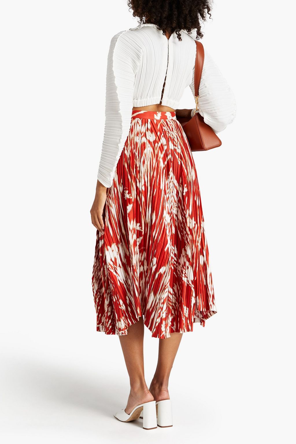 FERRAGAMO Printed plissé silk-satin midi skirt
