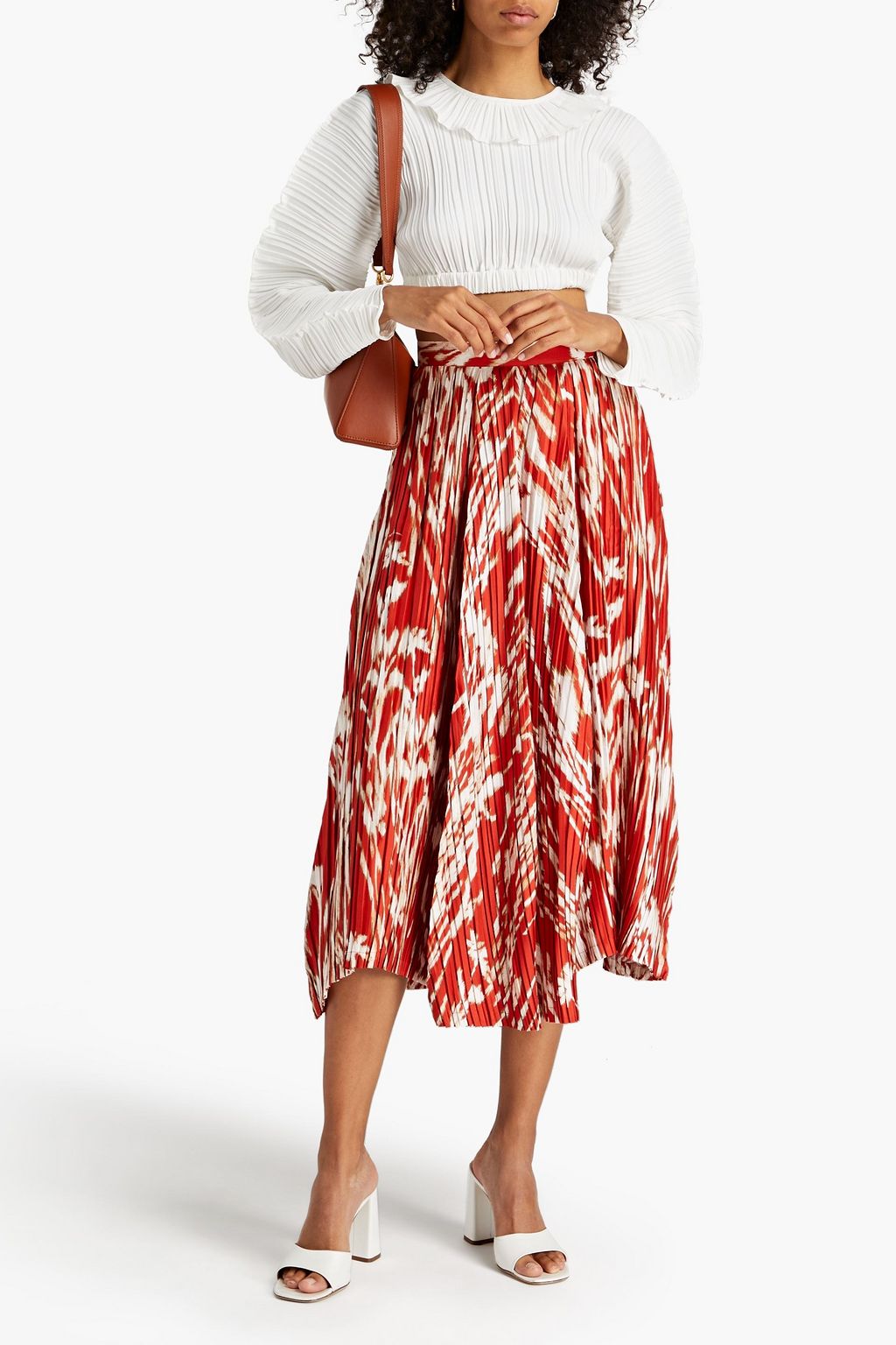 FERRAGAMO Printed plissé silk-satin midi skirt