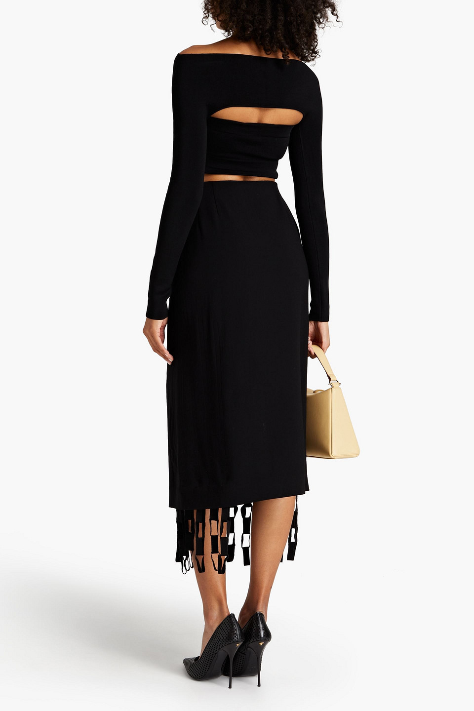 Shop Ferragamo Fringed Wool-twill Midi Skirt In Black