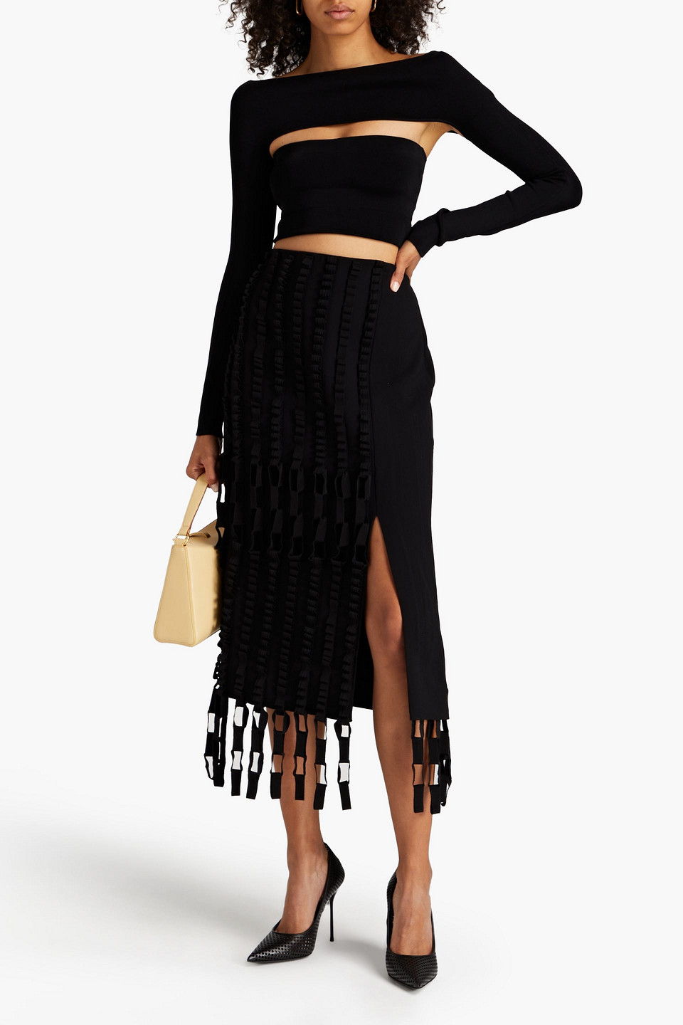 Shop Ferragamo Fringed Wool-twill Midi Skirt In Black