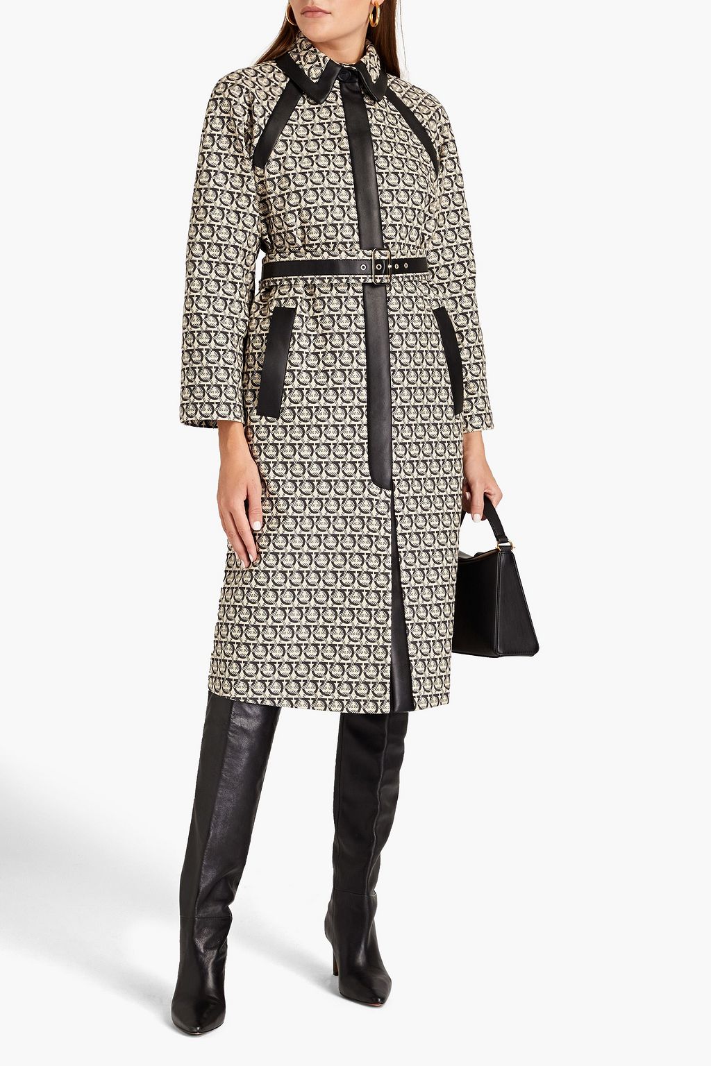 FERRAGAMO Leather-trimmed cotton-jacquard coat