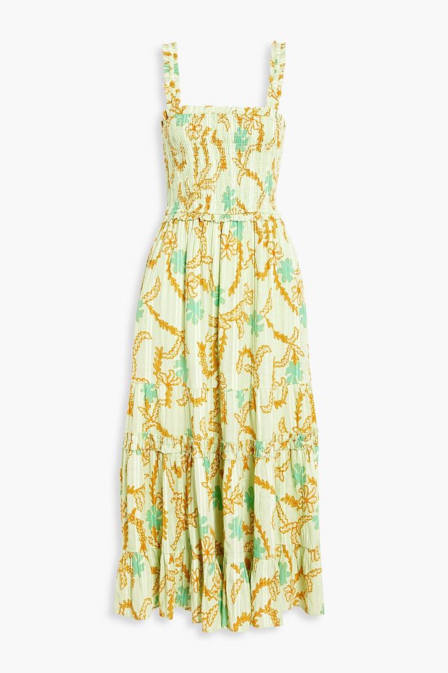 Jailene shirred printed cotton-jacquard midi dress