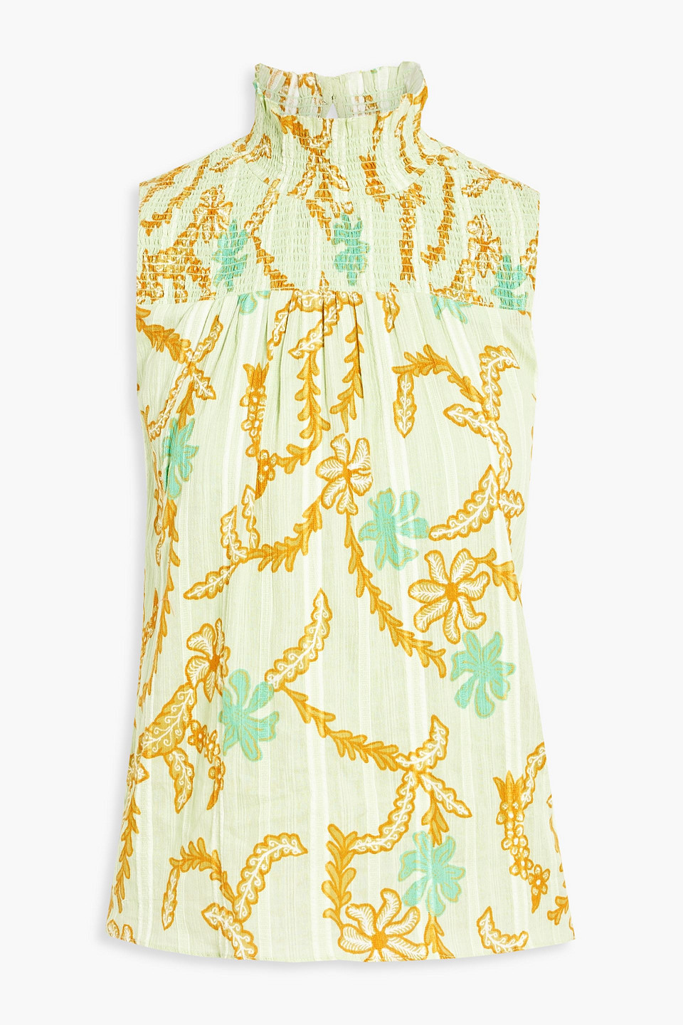 joie - mika shirred printed cotton-jacquard top - green - l