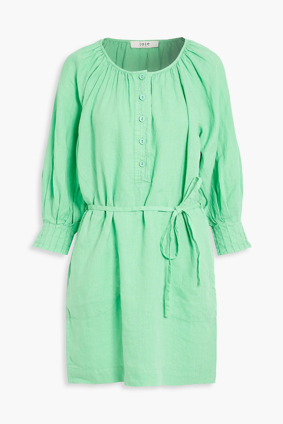 JOIE LANDRA GATHERED BELTED LINEN MINI DRESS,3074457345632799672