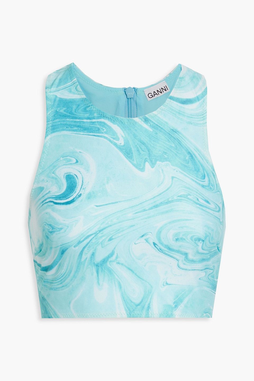 Ganni Racer Back Recycled Printed Bikini Top In Bachelor Blue
