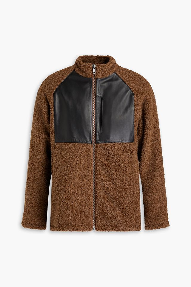 Leather-trimmed fleece jacket
