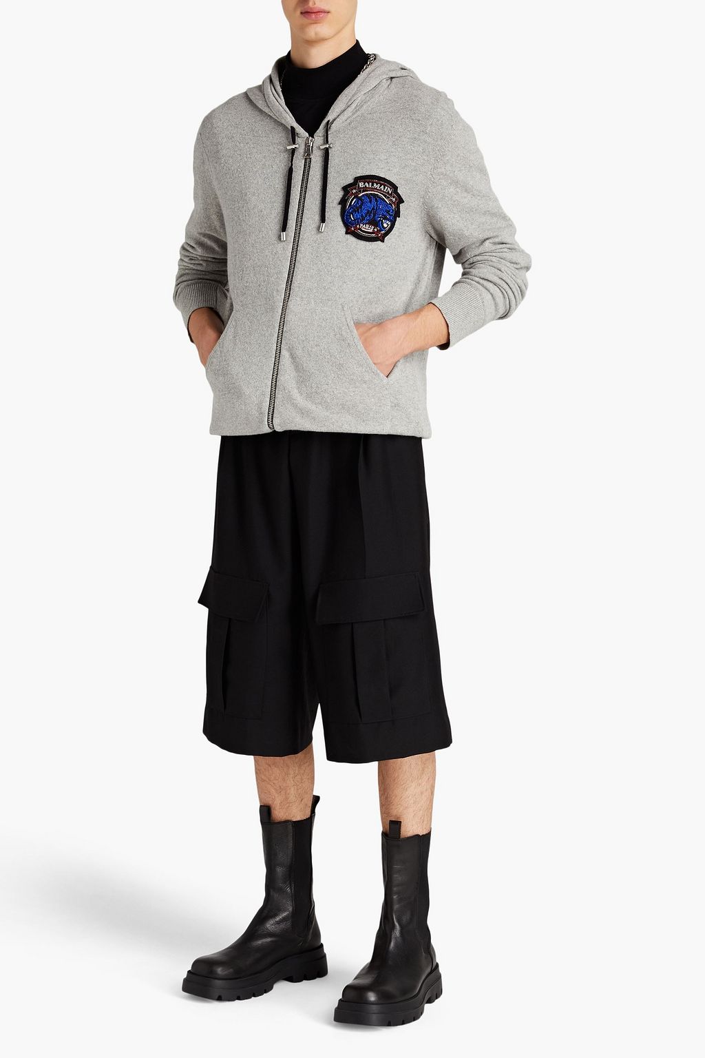 BALMAIN Appliquéd mélange cashmere and wool-blend cardigan