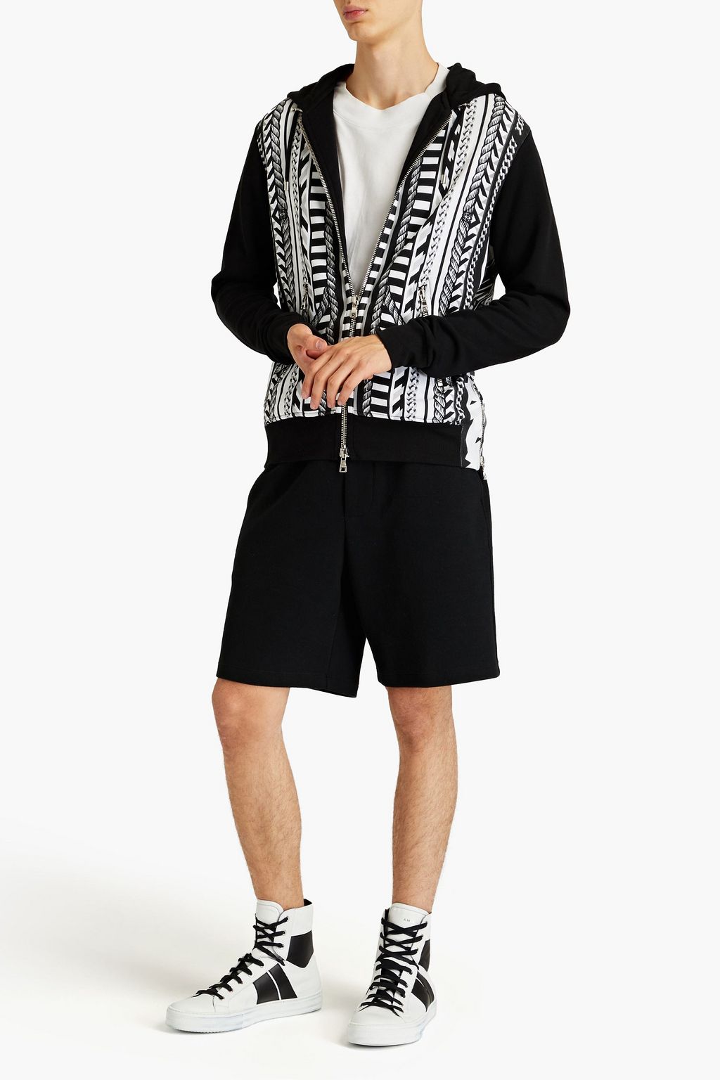 BALMAIN Hoodie aus Baumwollfrottee mit Print und Reißverschluss