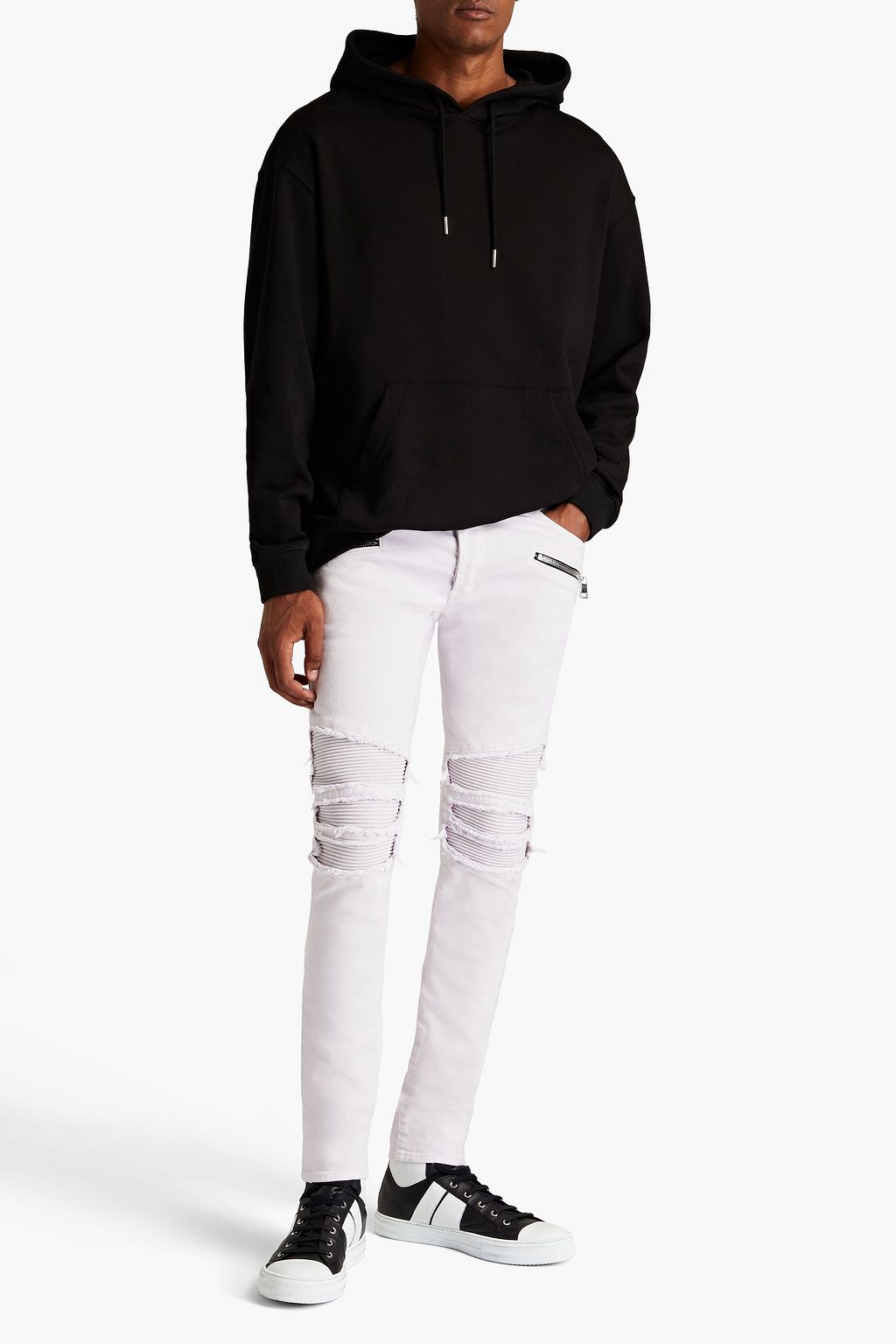 BALMAIN Skinny-fit distressed ribbed denim jeans