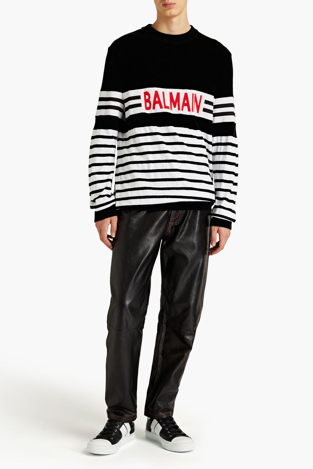 BALMAIN Pullover aus Jacquard-Strick mit Velourseinsatz und Streifen