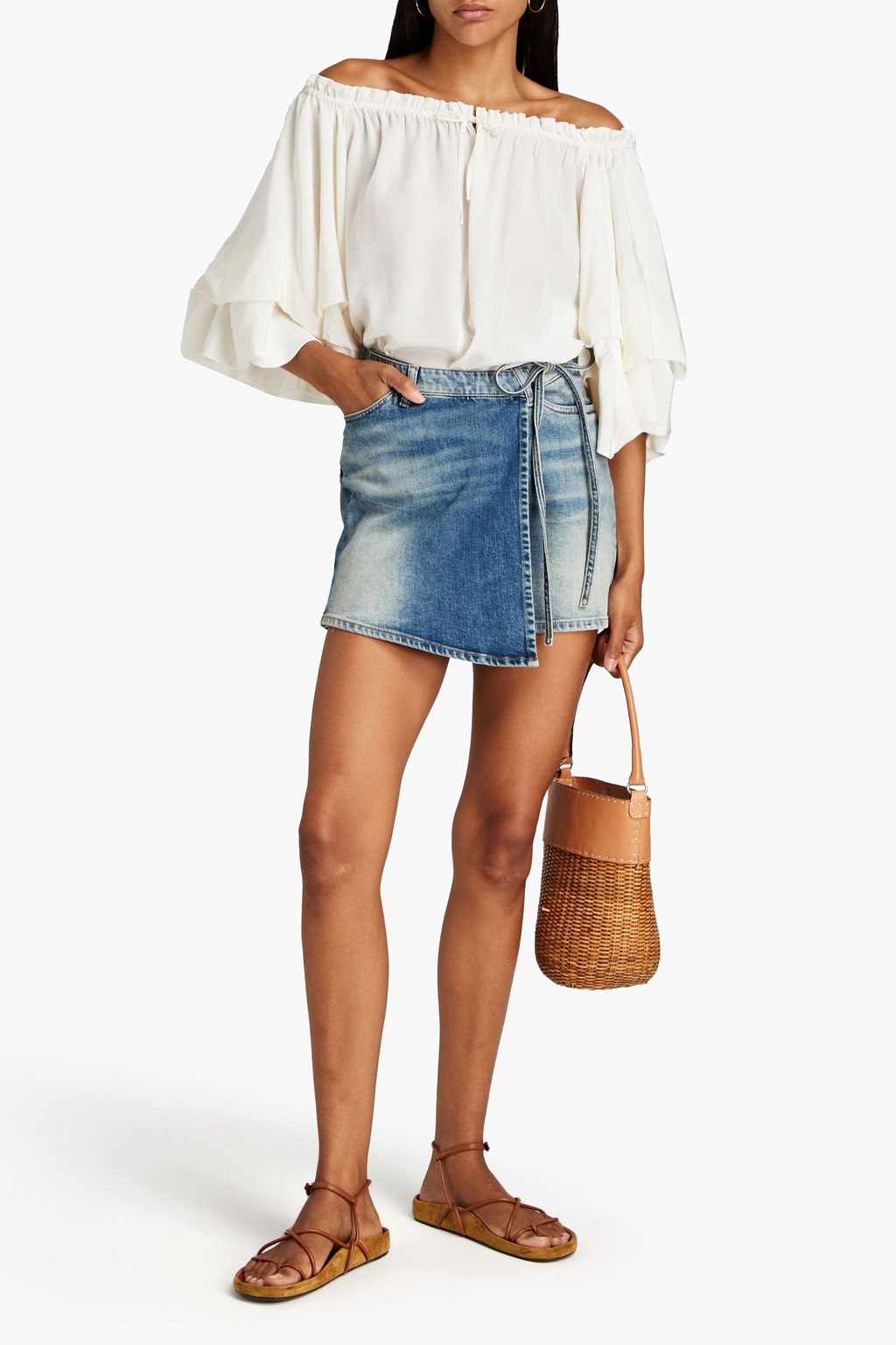 3X1 Skirt-effect faded denim shorts