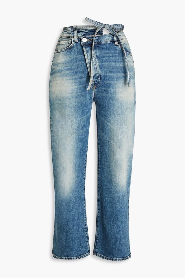 Belted faded high-rise straight-leg jeans