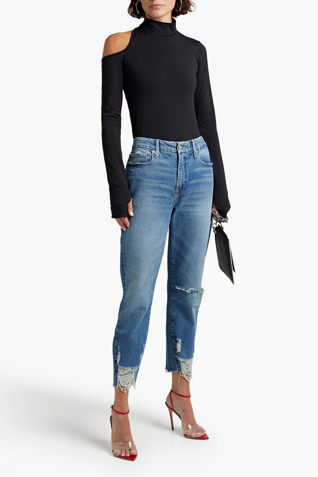 GOOD AMERICAN Good Curve cropped distressed high-rise tapered jeans