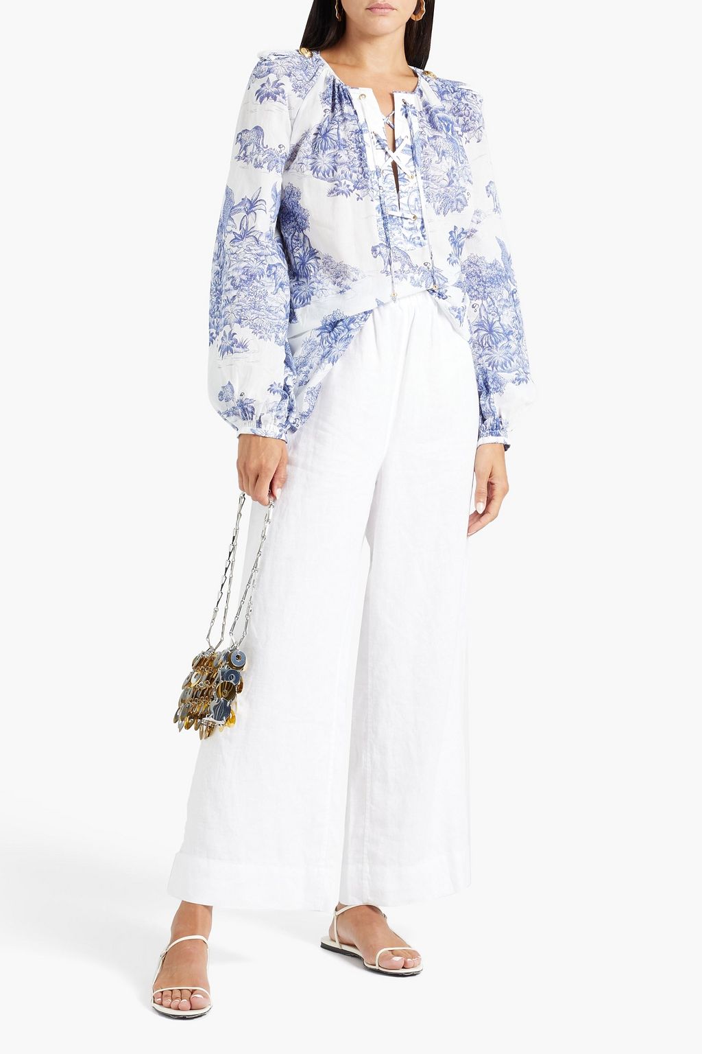 DUNDAS Lace-up printed cotton-gauze blouse