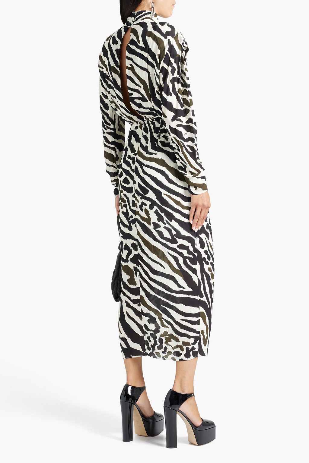 DUNDAS Wrap-effect zebra-print crepe turtleneck midi dress