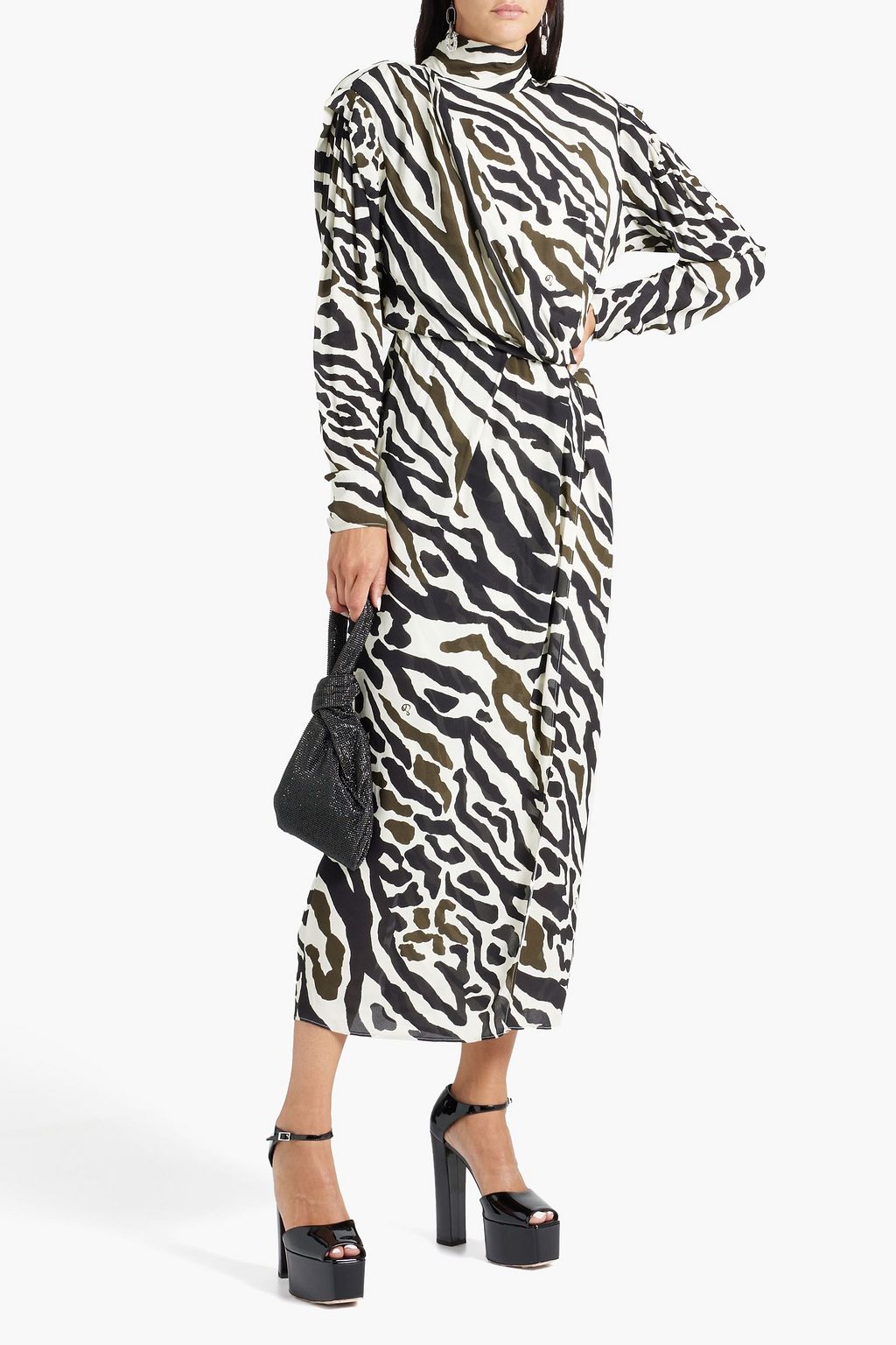 DUNDAS Wrap-effect zebra-print crepe turtleneck midi dress