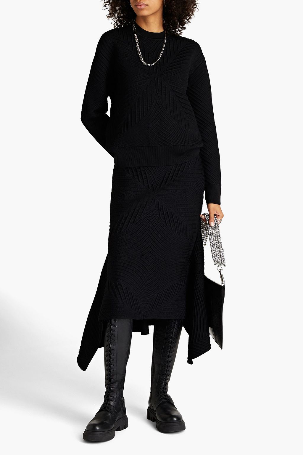 MCQUEEN Asymmetric jacquard-knit wool-blend midi skirt