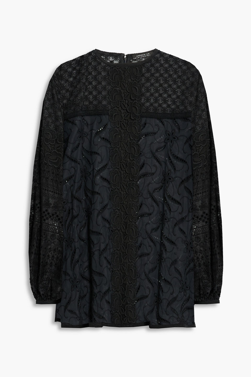 Andrew Gn Guipure Lace-paneled Broderie Anglaise Cotton Tunic In Black