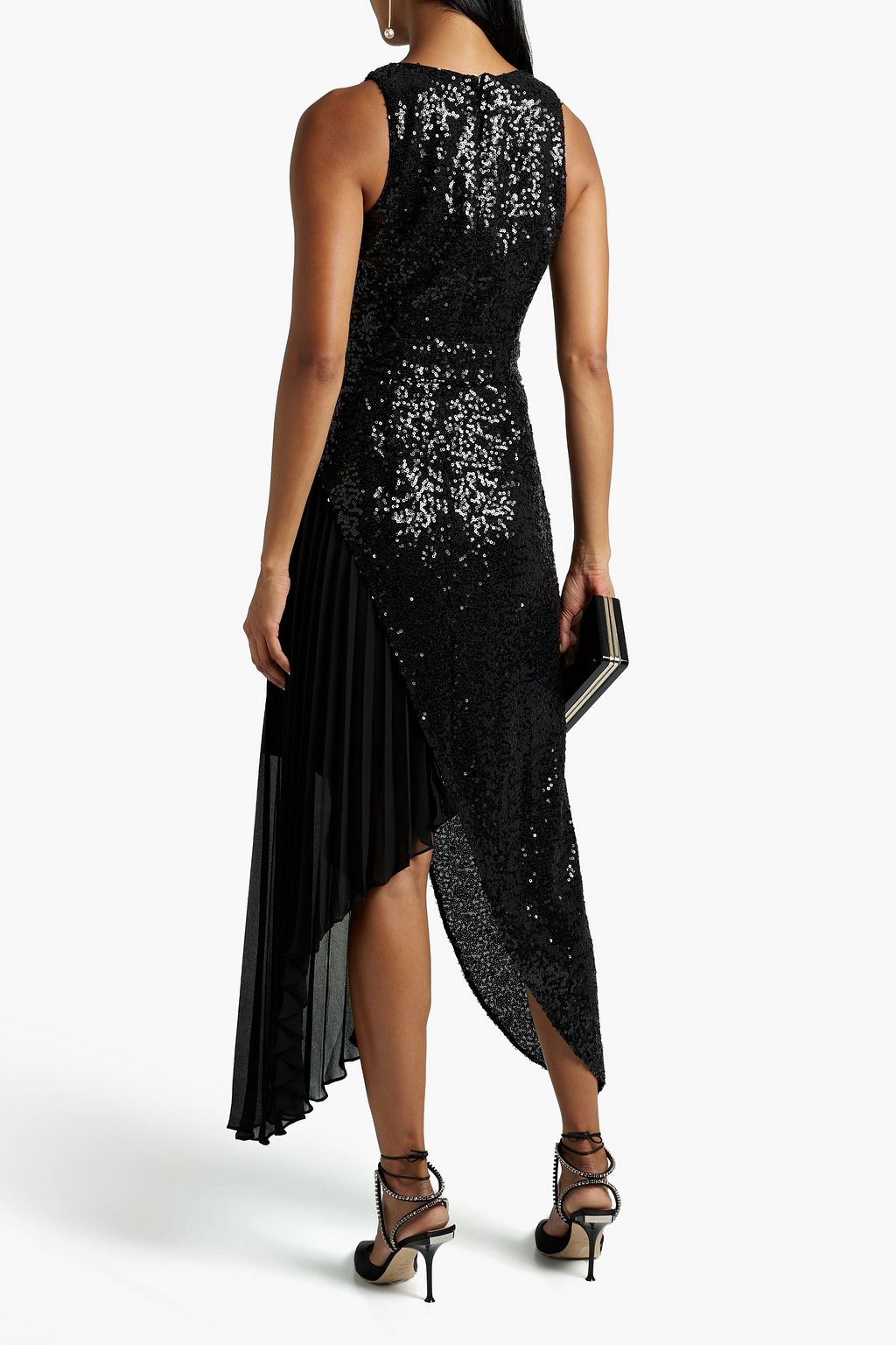 BADGLEY MISCHKA Asymmetric crepe de chine-paneled sequined tulle midi dress