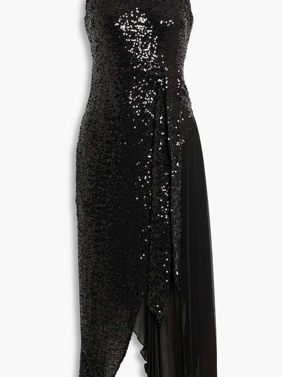 asymmetric crepe de chine-paneled sequined tulle midi dress