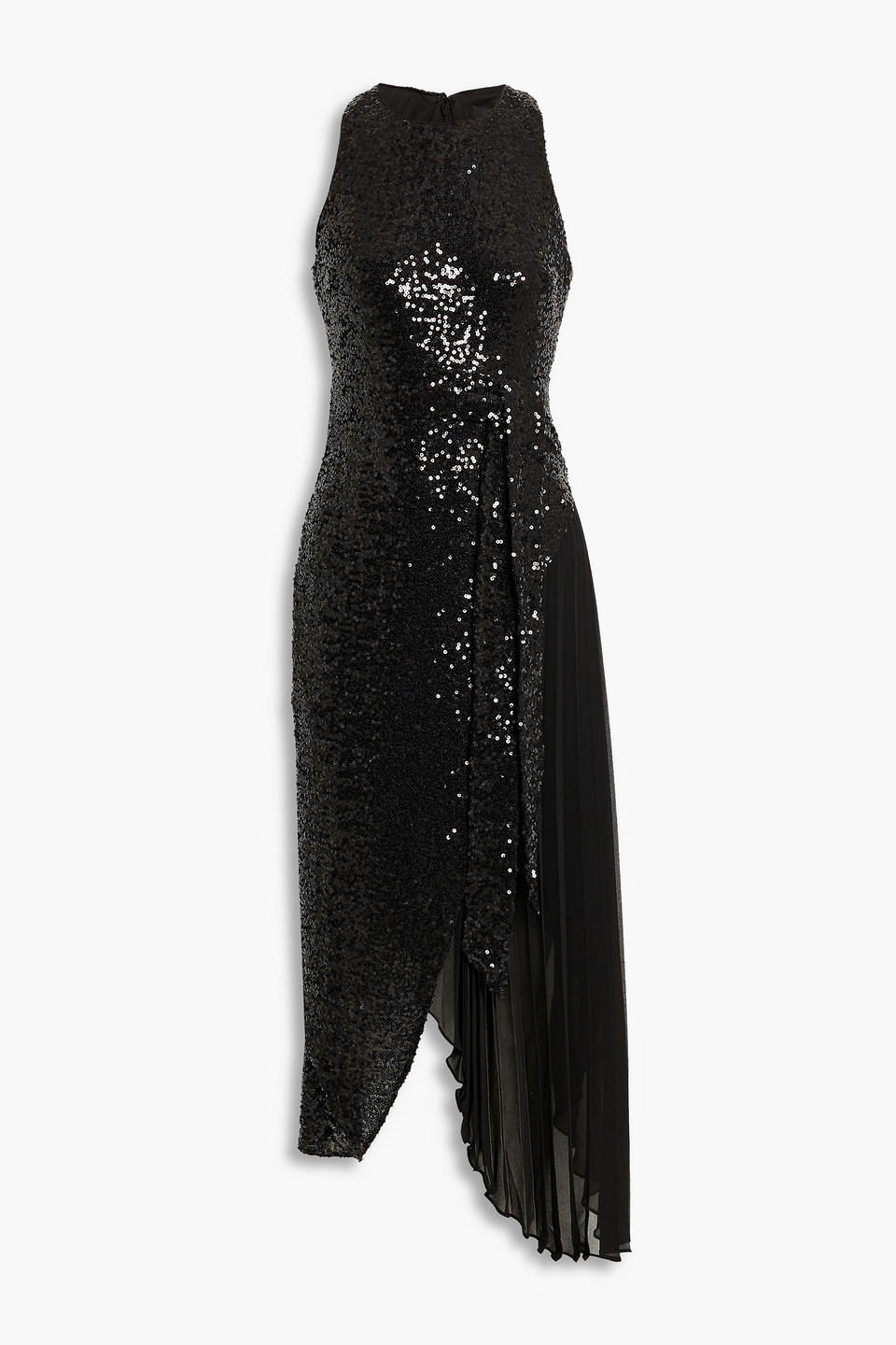 Asymmetric crepe de chine-paneled sequined tulle midi dress