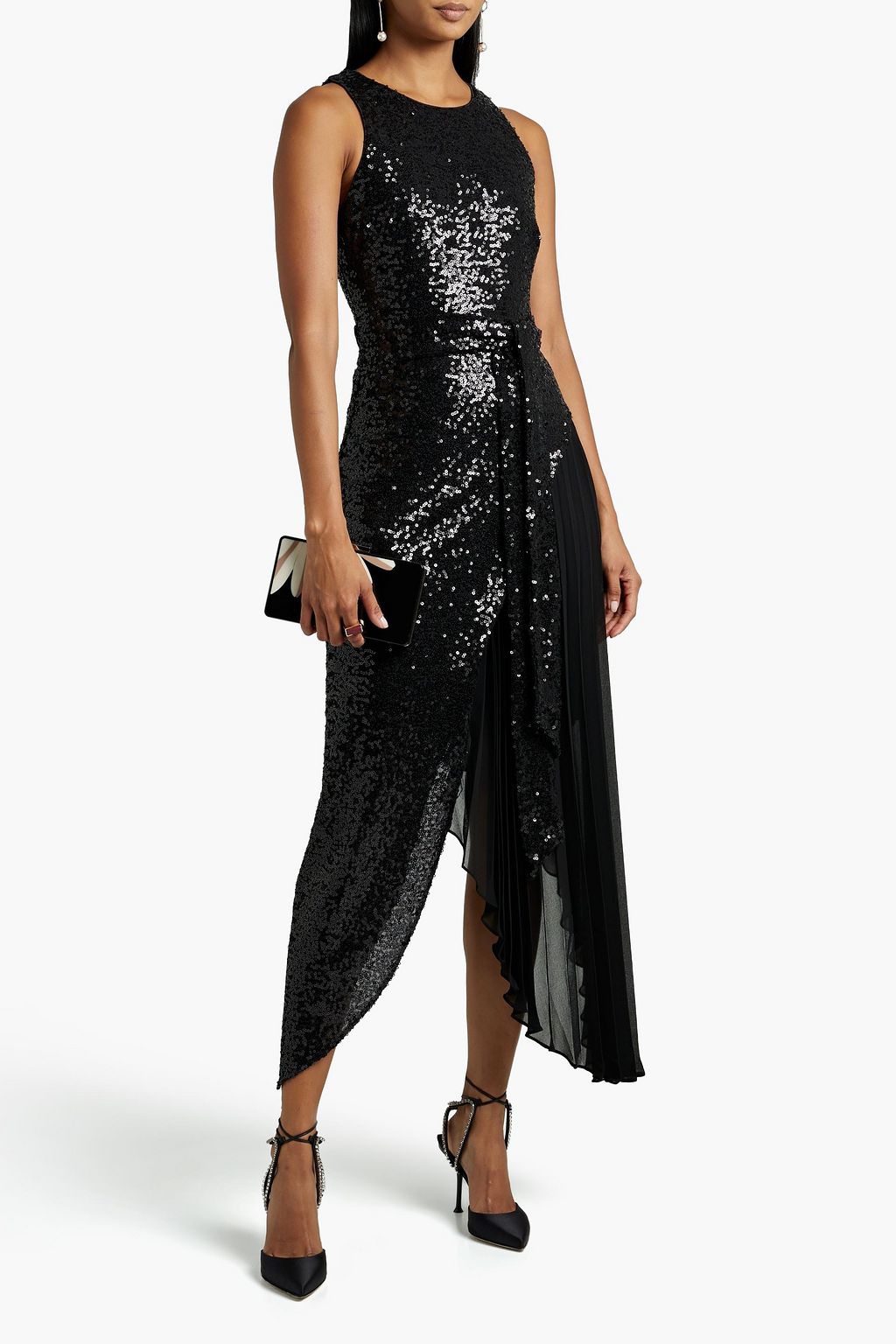 BADGLEY MISCHKA Asymmetric crepe de chine-paneled sequined tulle midi dress
