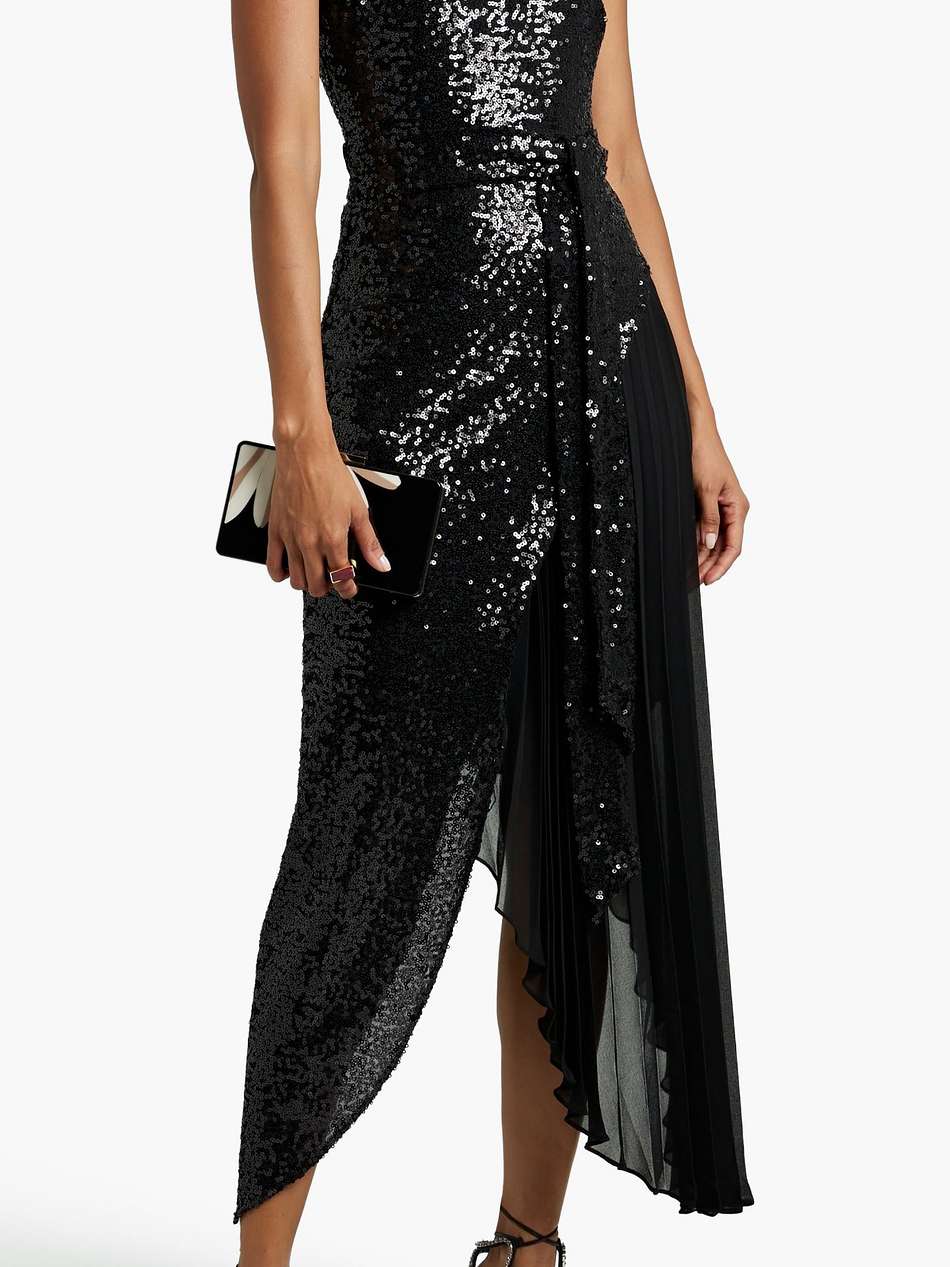 asymmetric crepe de chine-paneled sequined tulle midi dress