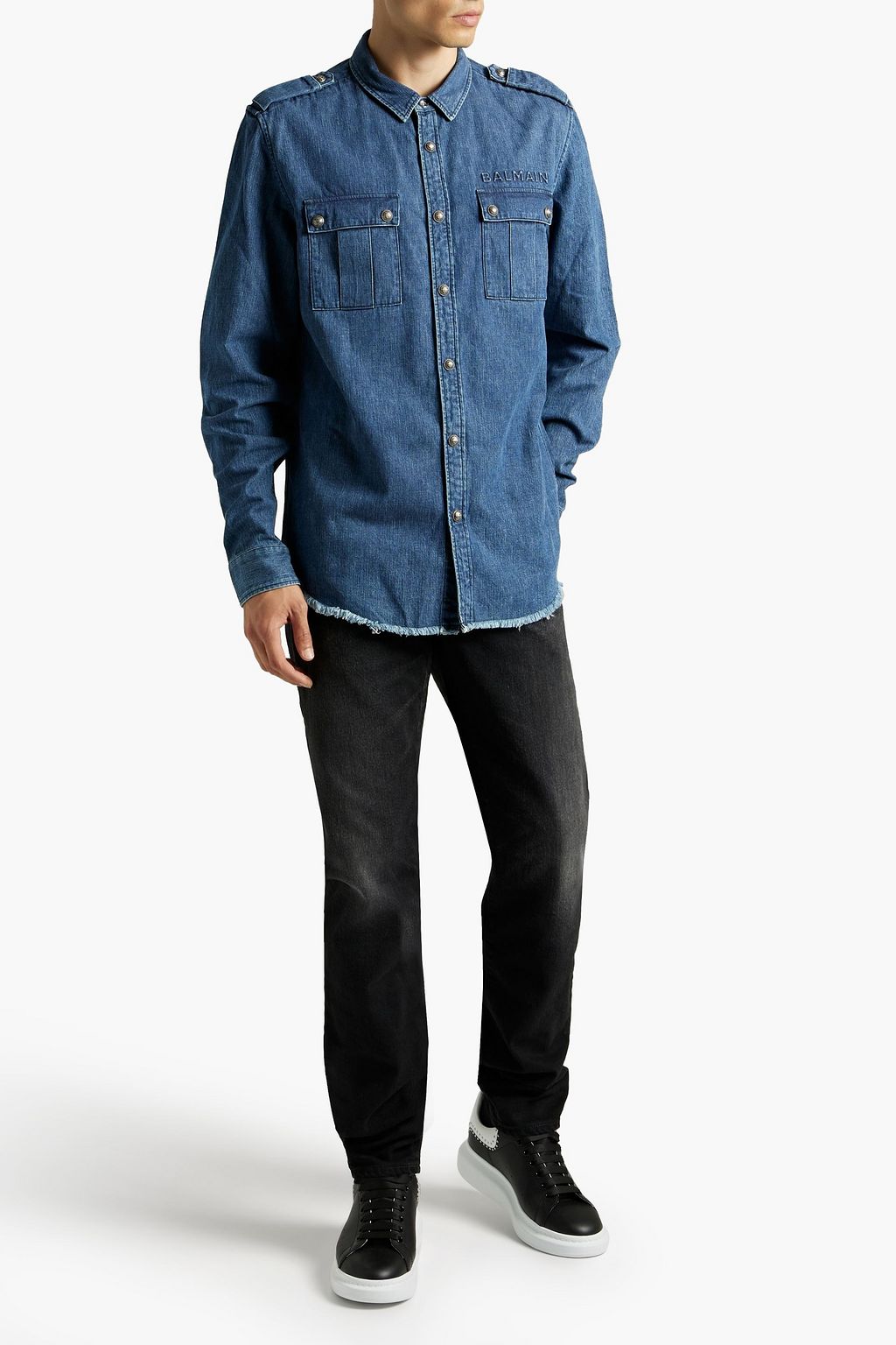 BALMAIN Frayed embossed denim shirt