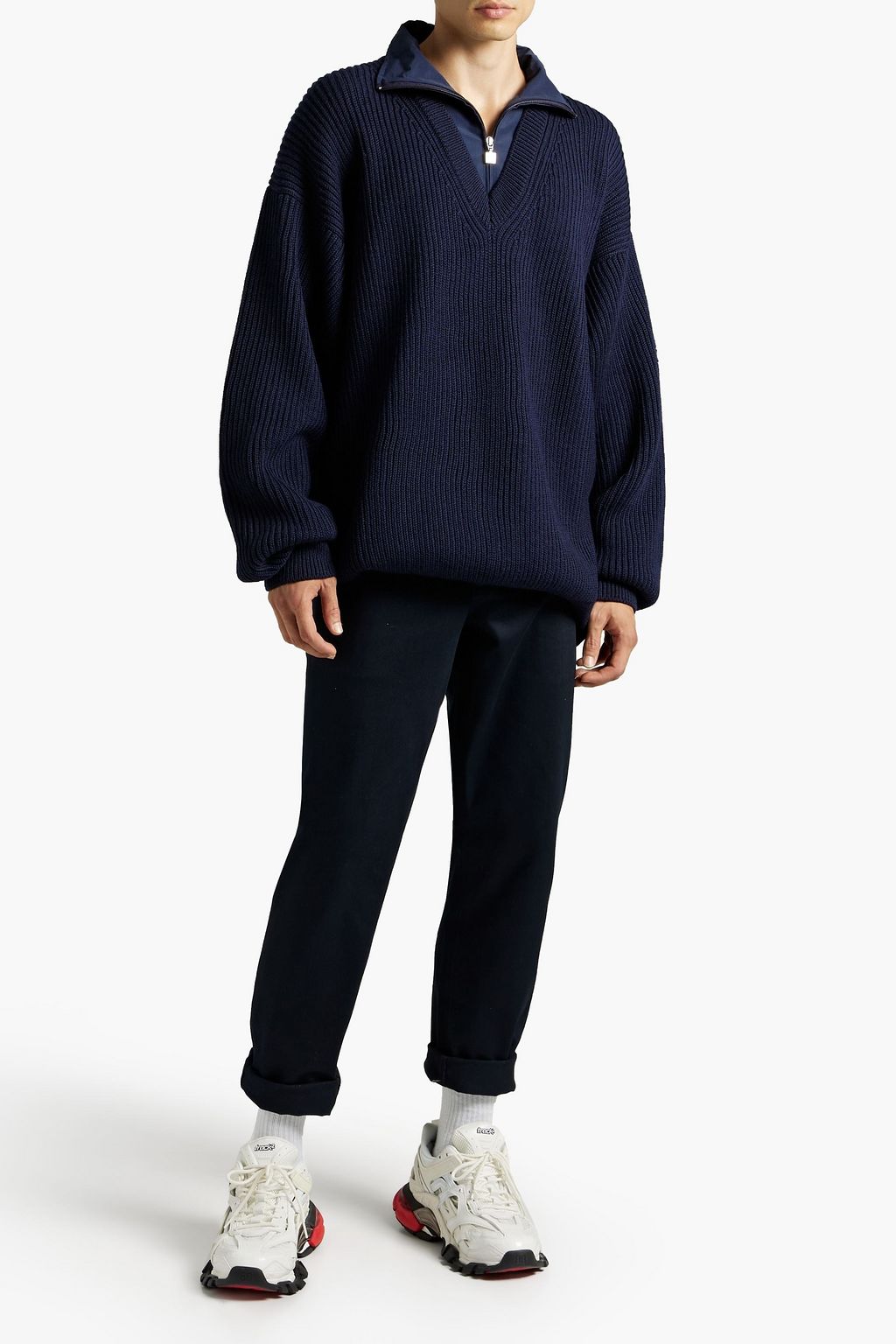 BALENCIAGA Shell-paneled ribbed wool half-zip sweater