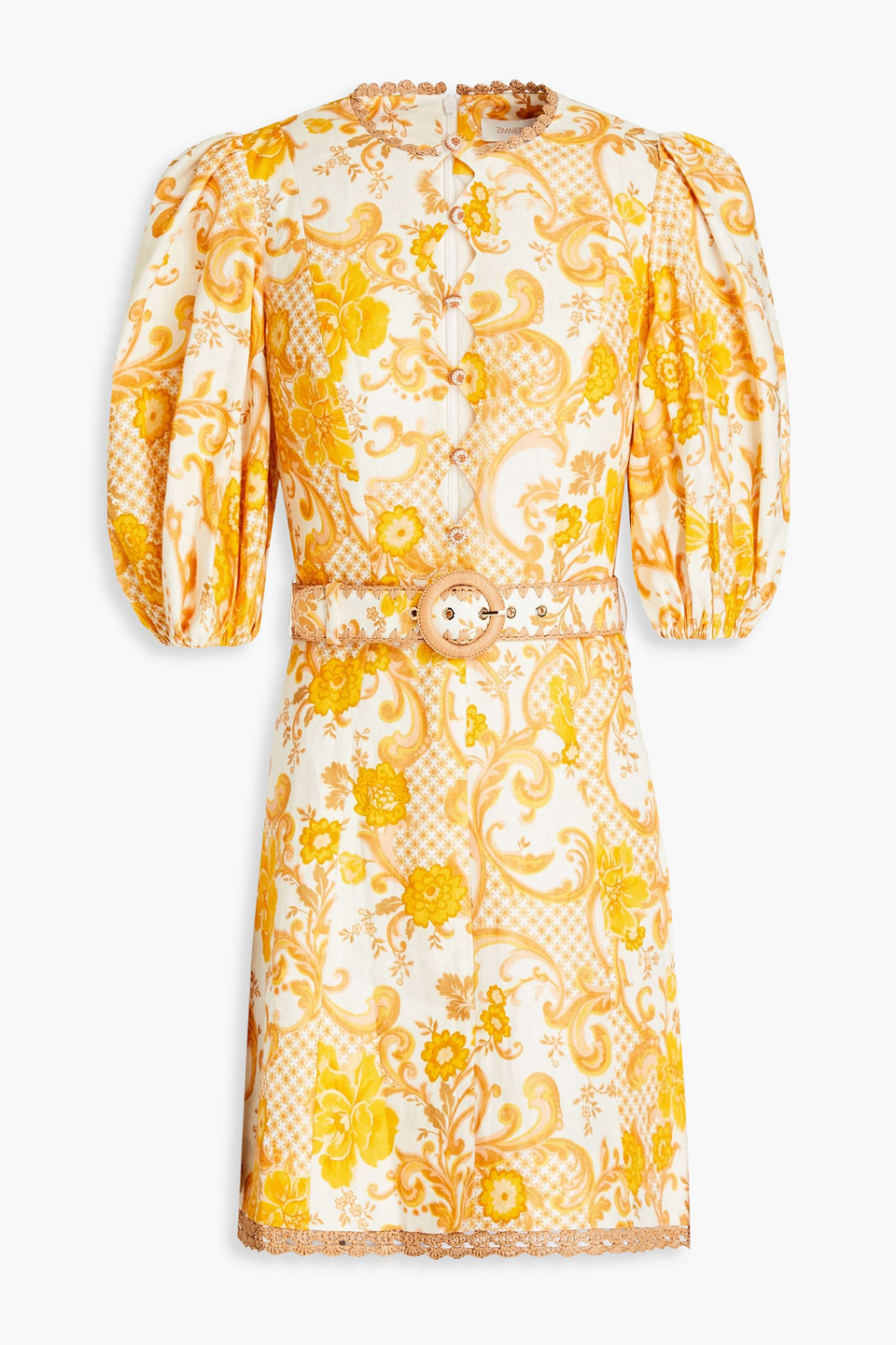 Zimmermann Cutout Printed Linen Mini Dress In Yellow