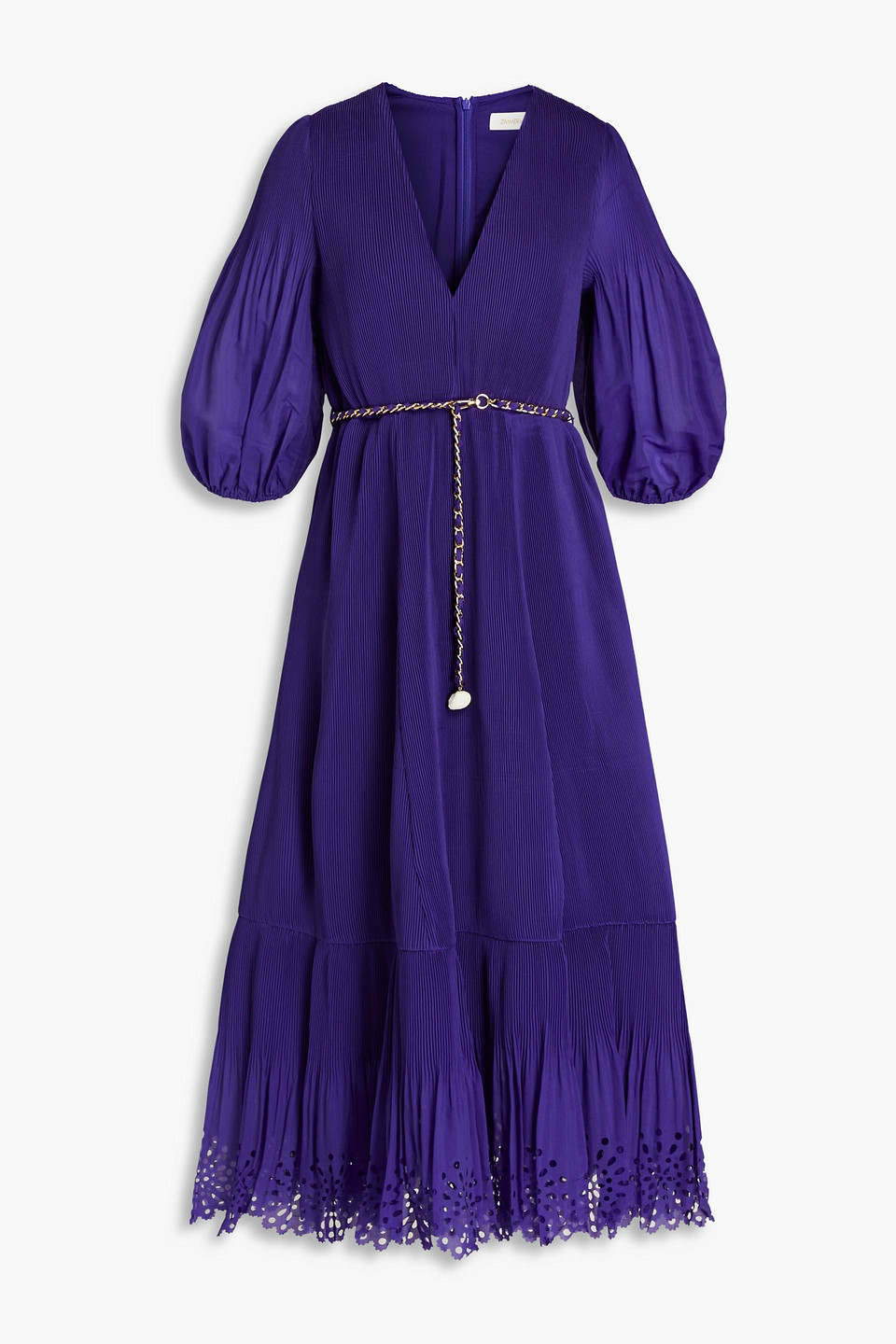 Zimmermann Laser-cut Plissé-taffeta Midi Dress In Dark Purple