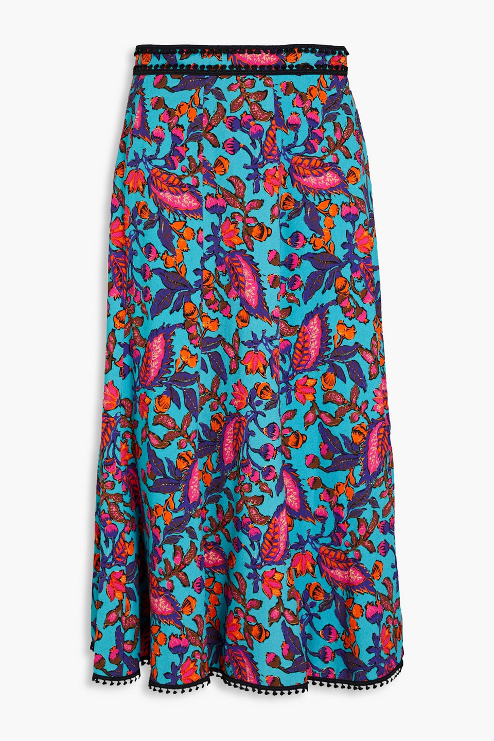 Andrew Gn Picot-trimmed Floral-print Crepe Midi Skirt In Blue