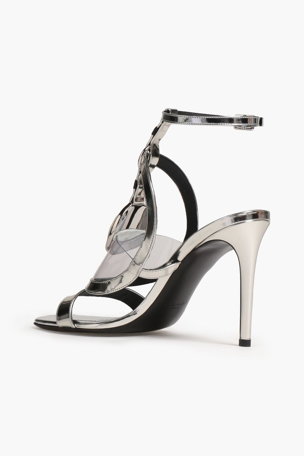 BALMAIN Sandalen aus verspiegeltem Leder mit PVC-Einsatz und Verzierung