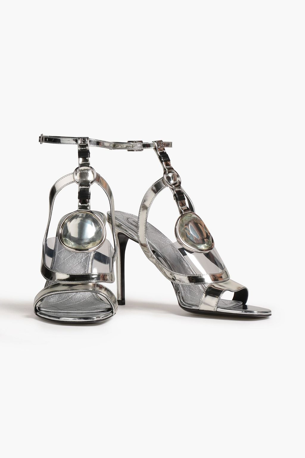 BALMAIN Sandalen aus verspiegeltem Leder mit PVC-Einsatz und Verzierung