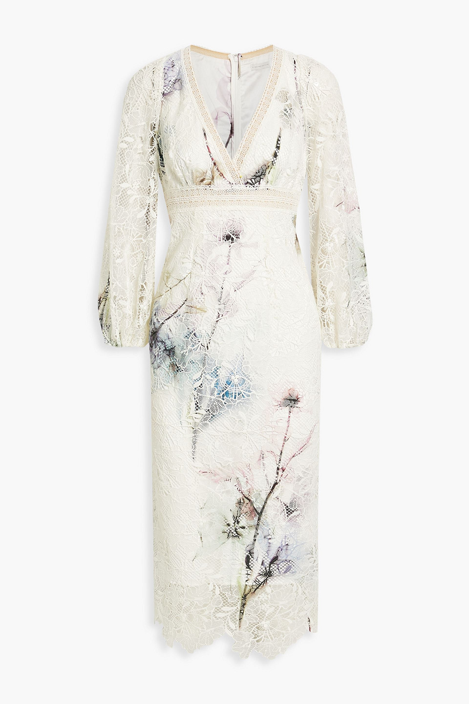 Shop ml Monique Lhuillier Printed Guipure Lace Midi Dress In Ivory