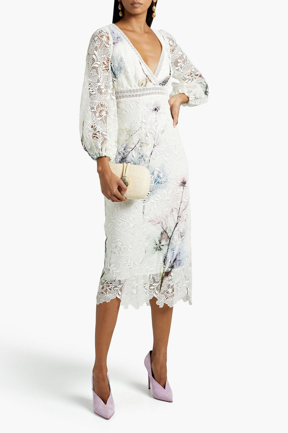 Shop ml Monique Lhuillier Printed Guipure Lace Midi Dress In Ivory