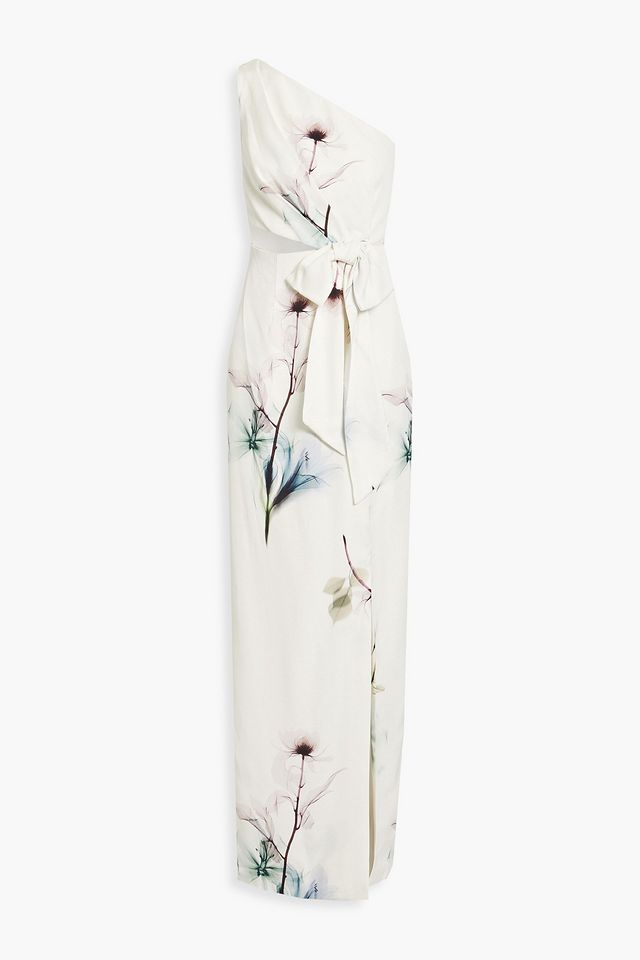 One-shoulder cutout printed faille maxi dress