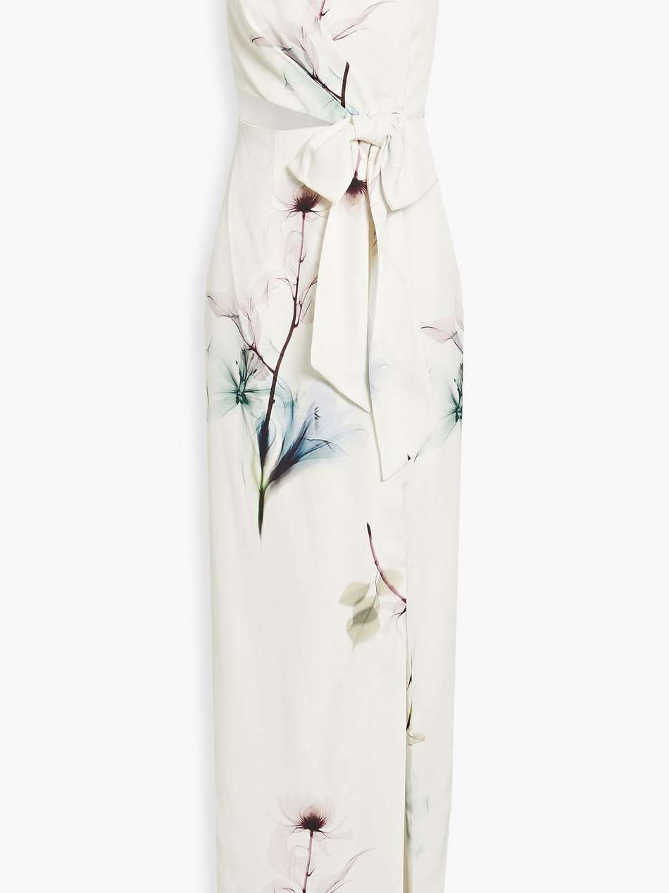 one-shoulder cutout printed faille maxi dress