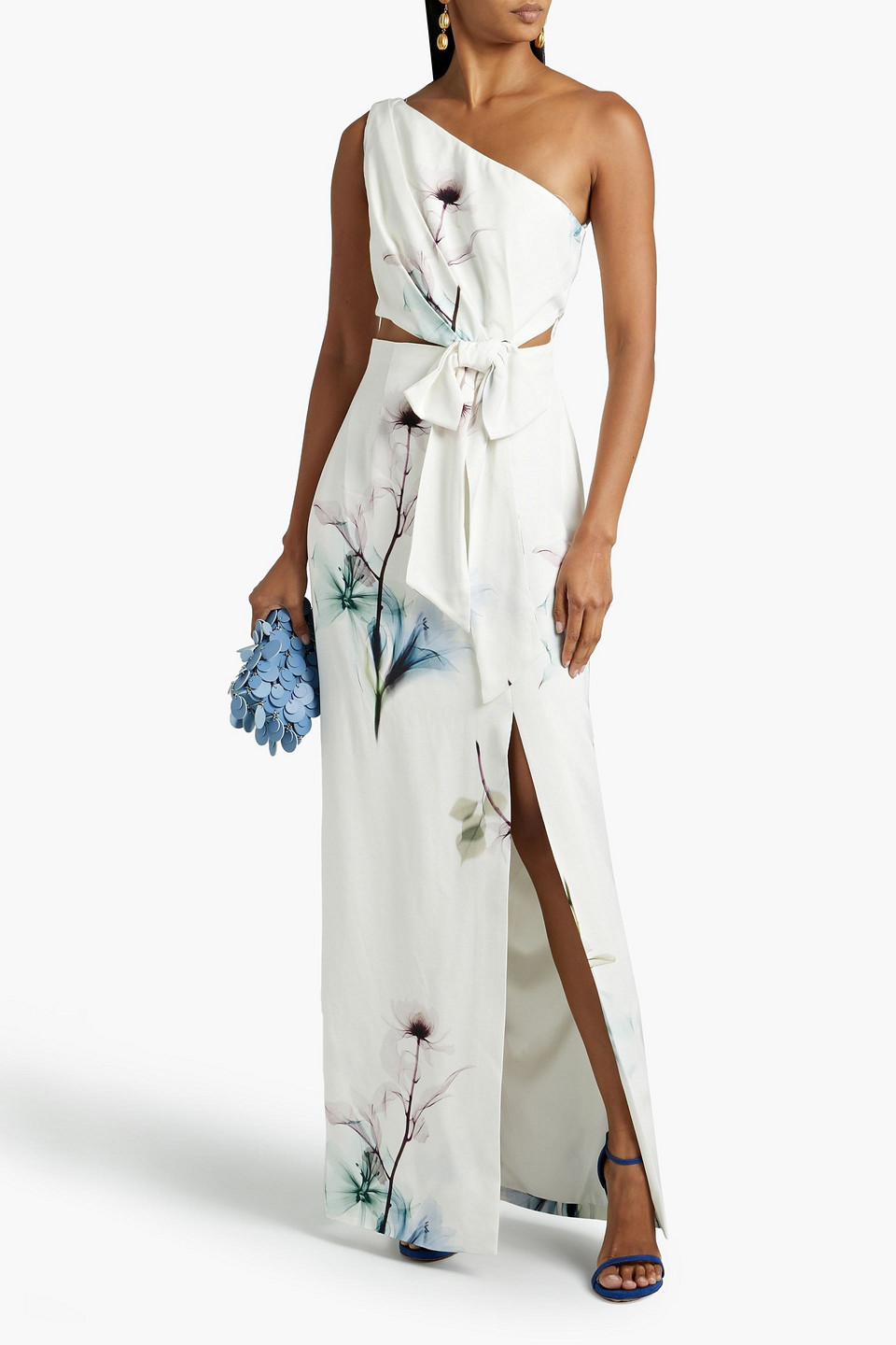  Ml Monique Lhuillier - Bedrucktes Maxikleid Aus Faille Mit Cut-outs Und Asymmetrischer Schulterpartie - Weiß - Us 12 