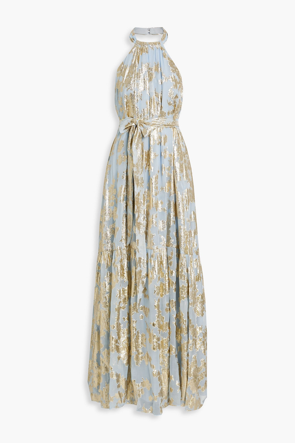 ml monique lhuillier - metallic fil coupé silk-blend chiffon halterneck gown - blue - us 12