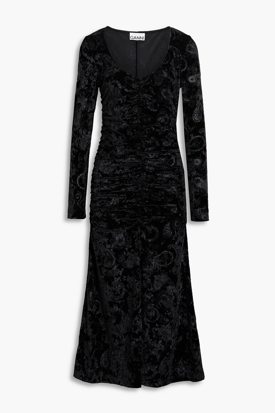 ganni - ruched velvet-jacquard midi dress - black - eu 44