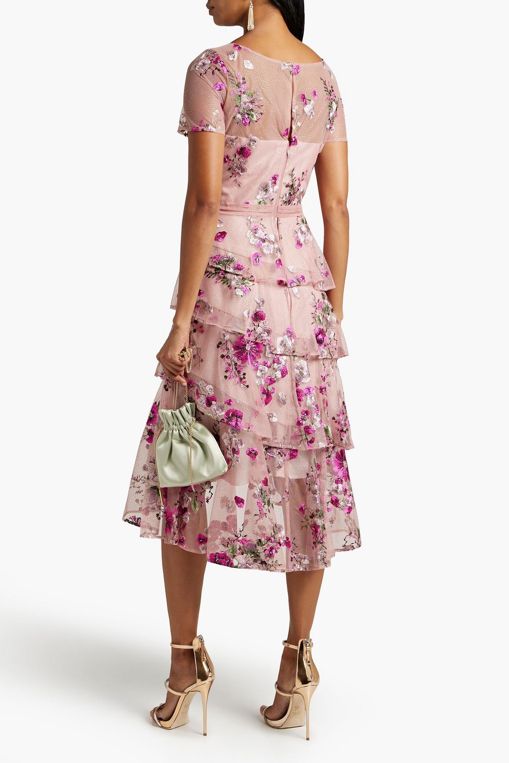 MARCHESA NOTTE Tiered embroidered glittered tulle dress