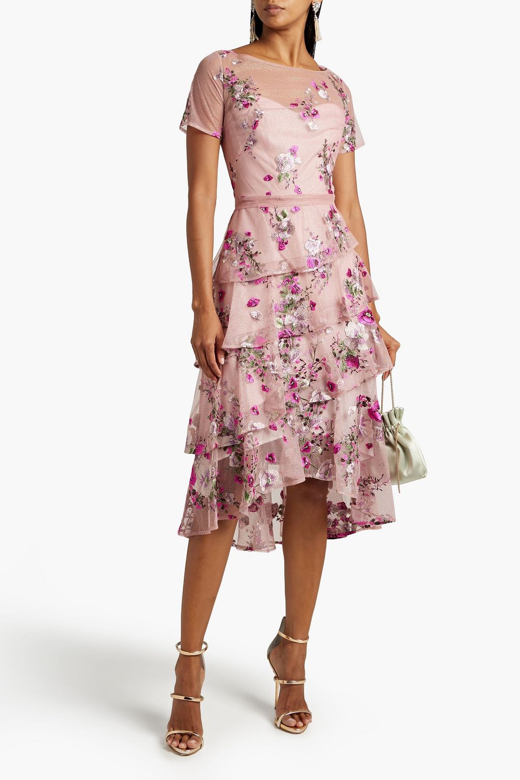 MARCHESA NOTTE Tiered embroidered glittered tulle dress